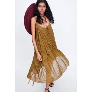 Zara Khaki Ruched Strappy Dress Size Small EUC